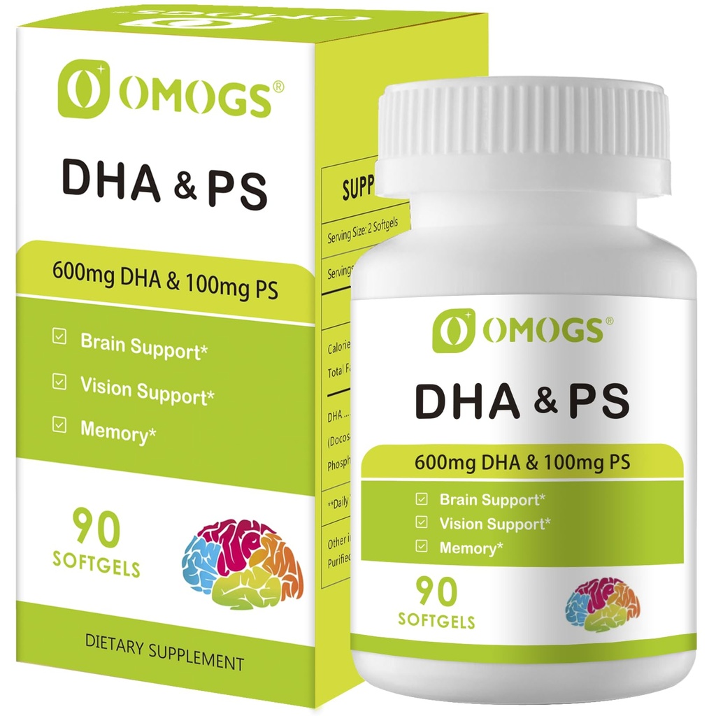 OMOGS Algae DHA - 600 mg Omega-3 DHA Softgels, con Phosphatidylserine &amp; Walnut Oil, Supports Healthy Brain Function, Vision, Eye & Memory, Gluten Free, Non-GMO Vegan Algae Oil, 90 Softgels