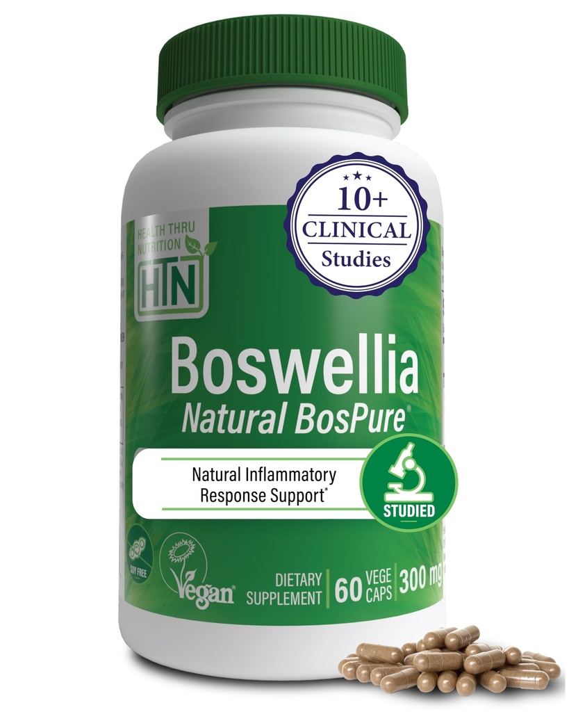Health Thru Nutrition Boswellia 300mg 60 Capsules as Bospure AKBAMAX ← High Potency 75% Boswellic Acids 10% AKBA ← Healthy Mobility Support ← Vegan Certified ← Non-GMO, Gluten Free, Soy Free
