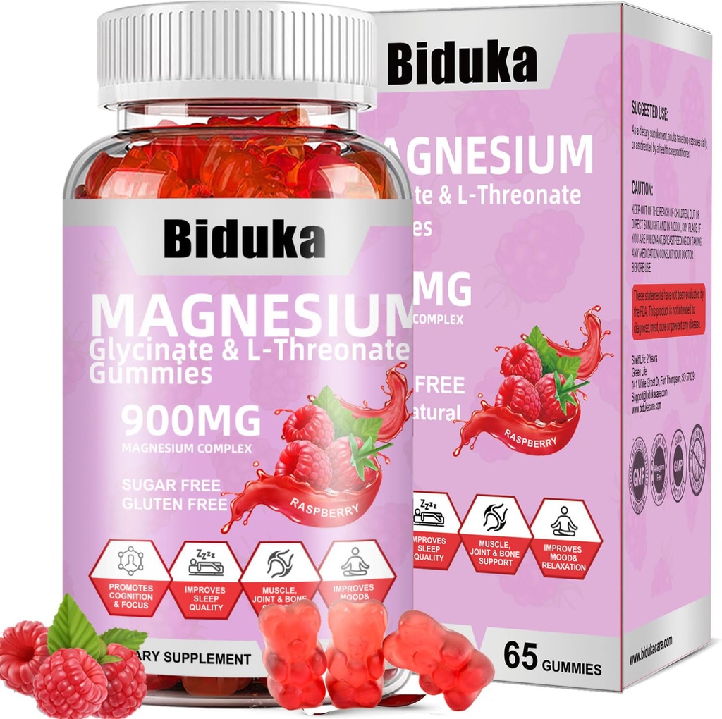 Complejo de magnesio de 900 mg 65 Raspberry Gummies, Magnesio libre de azúcar Glycinate & L-Threonate suplemento de potasio con vitamina D, B6, CoQ10 para la relajación