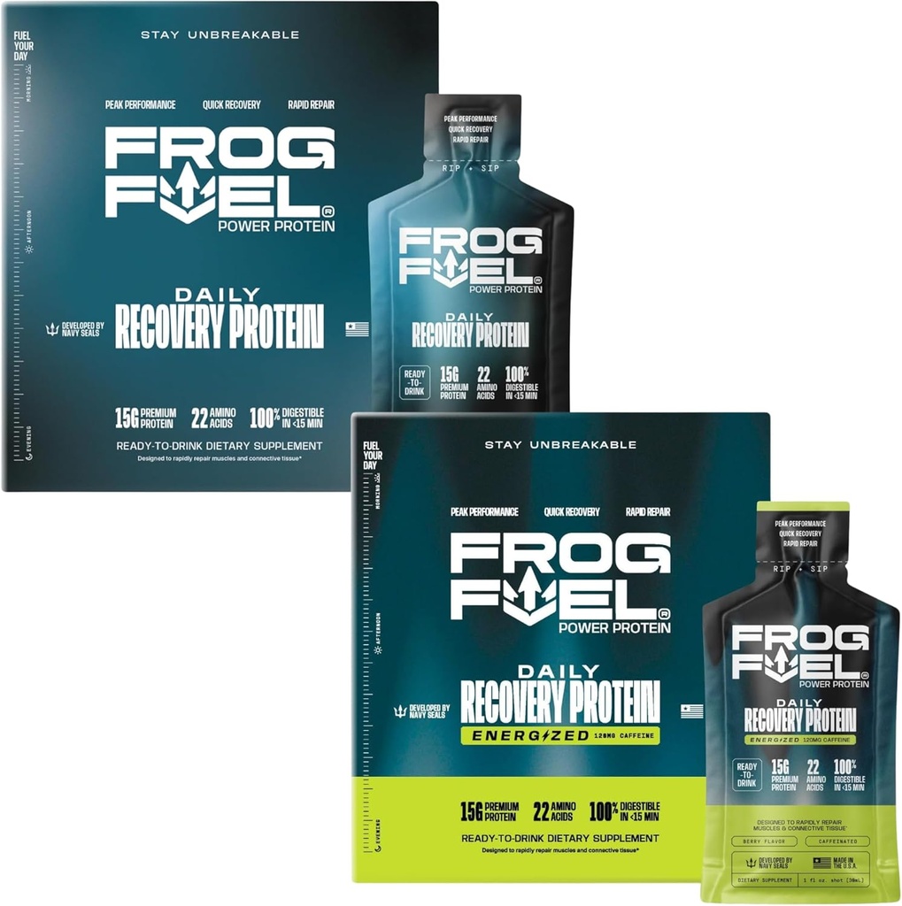 Frog Fuel Power Regular & Power Energized Full Protein Shot Bundle, 15g Protein Nano-Hydrolyzed Grass Fed Collagen, Post Workout, Fat & Sugar Gratis, 22 Amino Acids, Berry, 1 oz Packets, 48 Pack