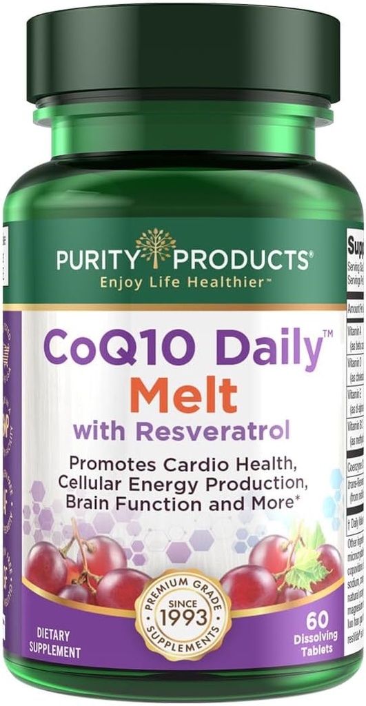 Purity Products CoQ10 Daily with Resveratrol Melt 100mg CoQ10-30mg Trans-Resveratrol - Vitamina A, D3, E y B12 (como metilcobalamina) - 60 Tablas rápidas de resolución