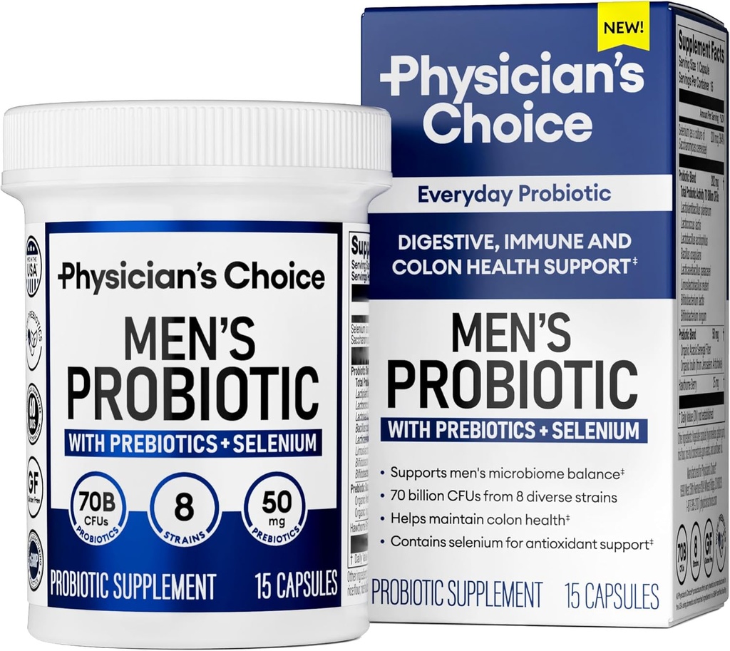 [BRSRAFQNCJ4BAA3D] Probióticos de Elección de Médicos para Hombres - 70 Billones CFU - 8 Strains - Selenium & Prebióticos - Apoya Salud Digestiva, Microbiome, Colon, & Immune Health - Probiótico de hombres avanzados - 15ct Tamaño de la muestra
