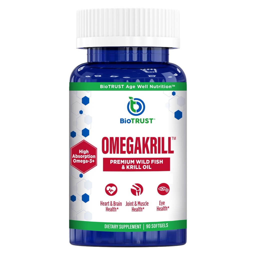 BioTrust OmegaKrill EPA & DHA Omega 3 Suplemento, Fish and Krill Oil para proporcionar soporte para unión, corazón, cerebro, ojo y piel (30 piezas)