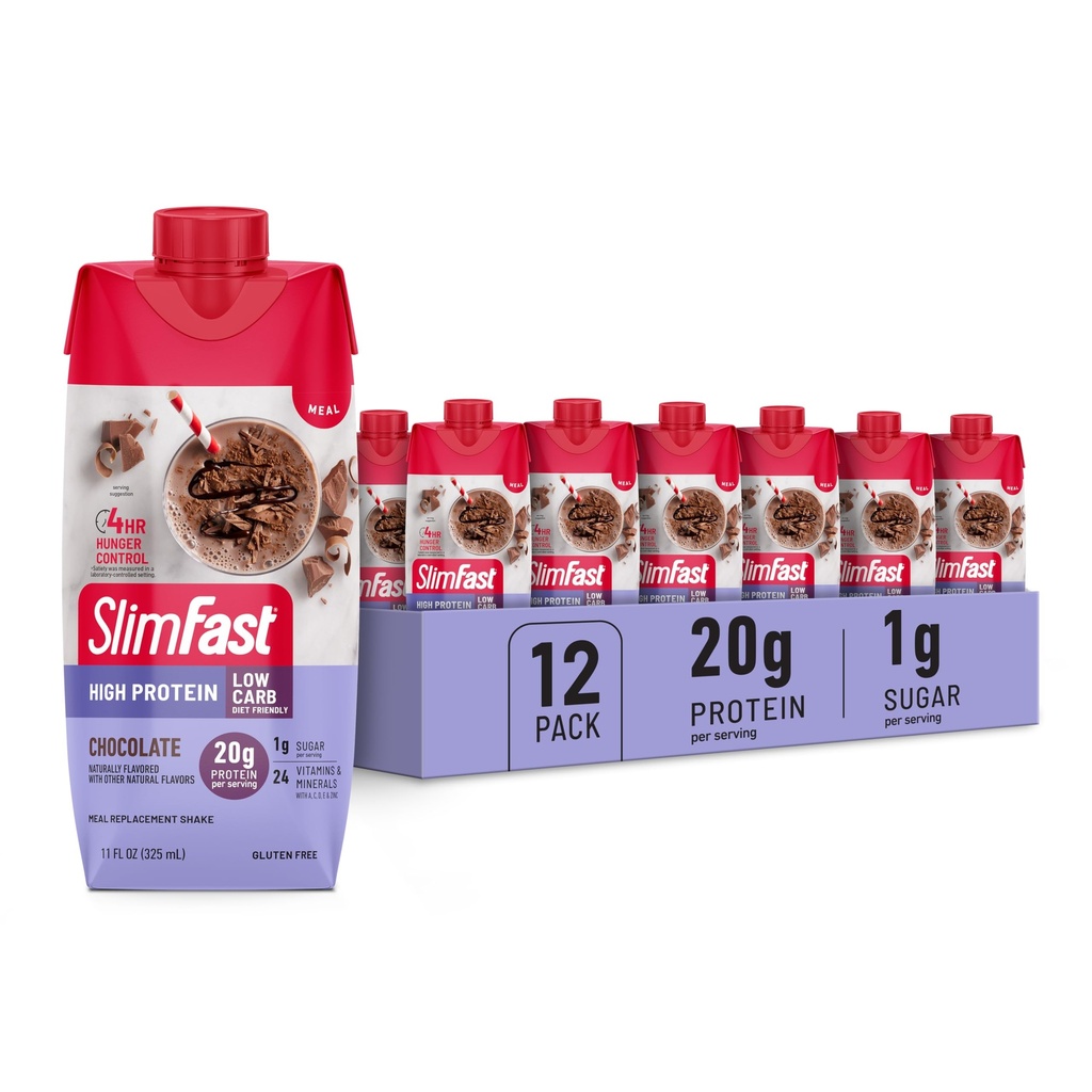 SlimFast Protein Shake, Chocolate- 20g Proteína, Meal Replacement Shake Listo para beber, Alta Proteína con Bajo Carb y Bajo Azúcar, 24 Vitaminas y Minerales, 12 Cuenta (Packaging May Vary)