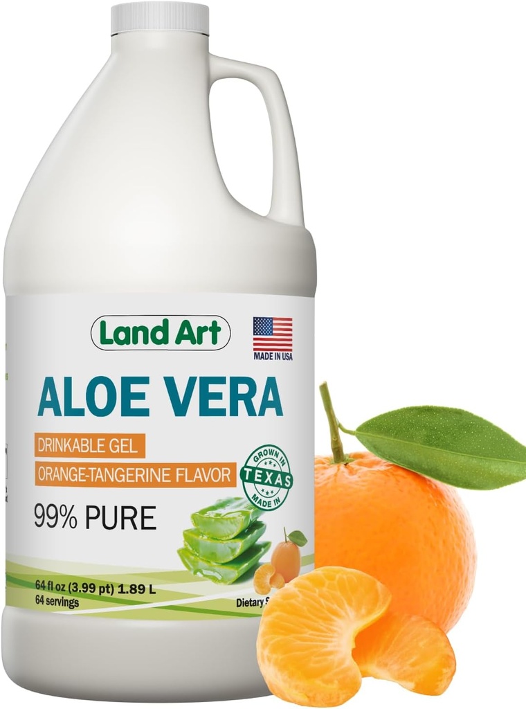 Pure Aloe Vera Gel bebible - Orange Tangerine Flavored - Cold-Processed Inner Filet - de hojas orgánicas frescas de Texas - para Heartburn Relief - Acid Reflux - 64 fl oz