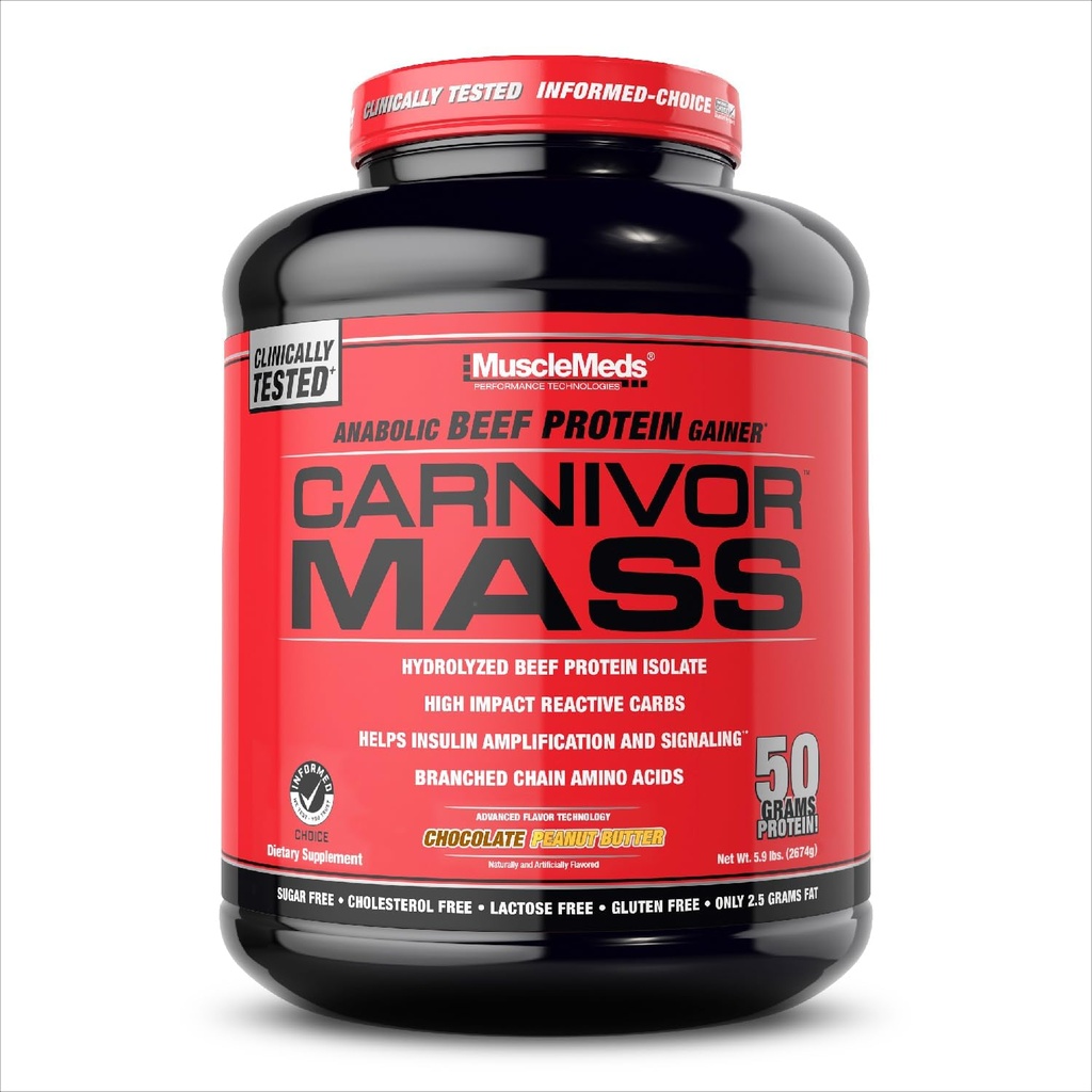 [BRSWIAQ4B4HAM3LA] MuscleMeds CARNIVOR Mass Gainer Beef Protein Isolate Shake, 50 Grams Protein, 125 Grams Carbs, 0 Fat, 0 Sugar, Lactose Free, Halal Certified, Chocolate Peanut Butter, 6 libras