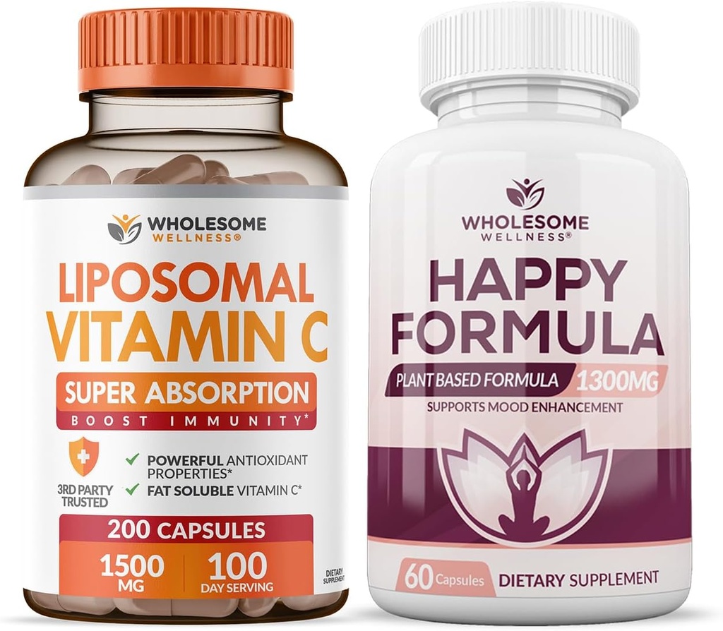 Wholesome Wellness Liposomal Vitamina C cápsulas (200 pastillas 1500mg amortiguadas) alta absorción VIT C Feliz Fórmula Natural Suplemento de Alivio