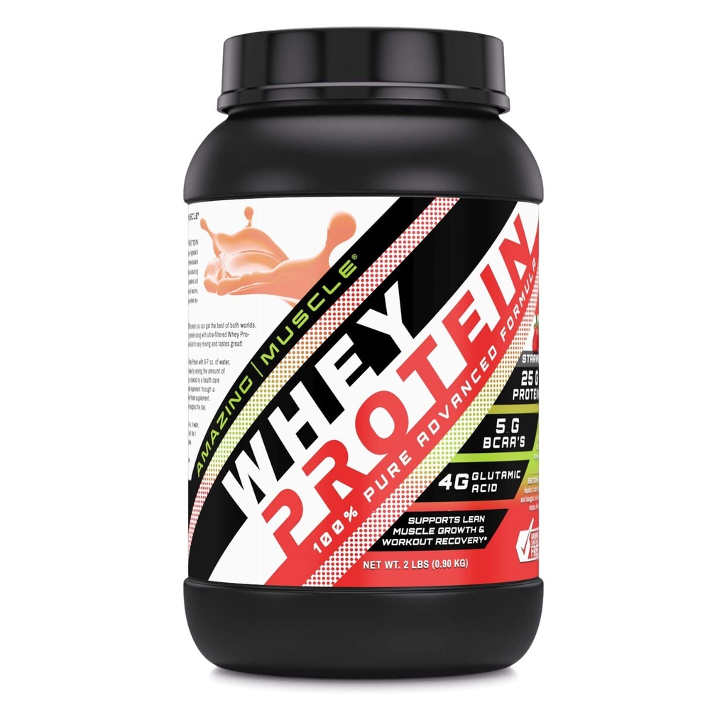Amazing Muscle 100% Whey Protein Powder *Advanced Formula with Whey Protein Isolate as a Primary Ingredient Along with Ultra Filtered Whey Protein Concentrate (Strawberry, 2 lb)