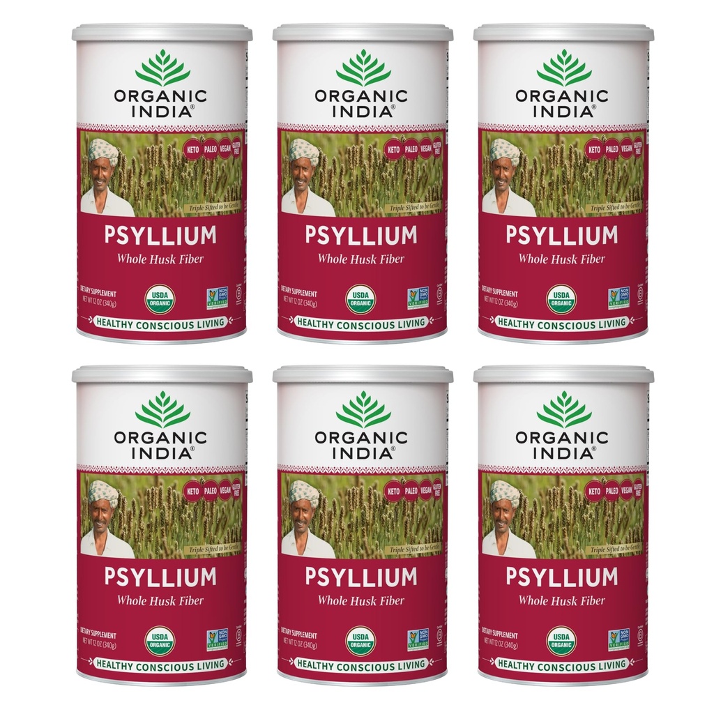 ORGANIC INDIA Psyllium Husk Powder Organic - Psyllium Husk Fiber Supplement, Digestion Support, Vegan, Gluten-Free, Non-GMO, Soluble & Insoluble Fiber Source - 12 oz Canister, 6 Pack