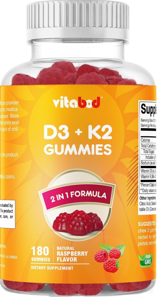 Vitamina D3 + K2 Gummies – Bone & Heart Health Support – 180 Pectin-Based Vegan Gummies