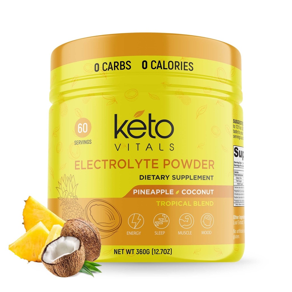 Keto Vitals Electrolytes Polvo - Azucar libre Keto Electrolitos Polvo con Potasio, Magnesio, Sodio, " Calcio - No Sugar Electrolyte Drink Mix " Hidration Powder, 60 Servings, Piña Coconut