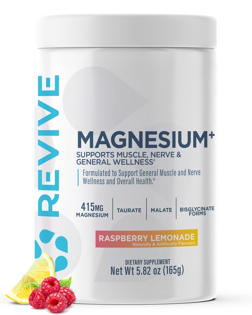 Revive MD Magnesium Powder Supplement - Magnesium Carbonate & Taurate Powder Drink Supports Healthy Bones, Muscles, " Nerves - Vegan-Friendly, Gluten-Free &amp; Soy-Free (Raspberry Lemonade, 30 Servings)