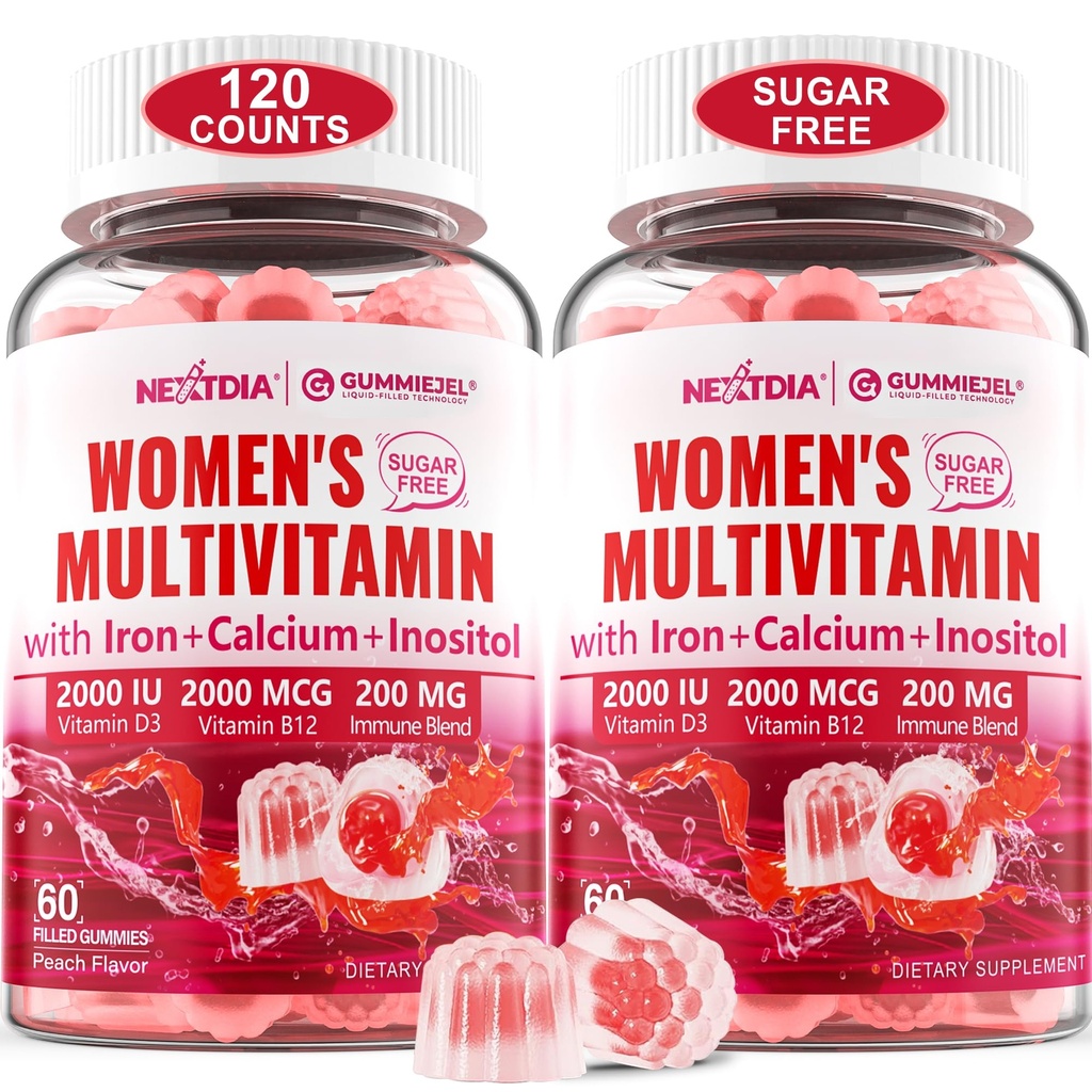 (2 Pack) Azúcar Multivitamina sin metilada para Mujeres Gummies con Calcio, D3 K2, Inositol, Folate, Biotina, Hierro, Vitamina A, C, E, Complejo B - Multi vitaminas &amp; minerales - Energía, Inmune, Hueso - Vegan