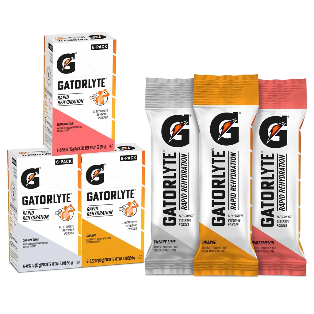 Gatorlyte Rapid Rehydration Electrolyte Beverage, Variety Pack, Lower Sugar, Specialized Blend of 5 Electrolytes, No Artificial Sweeteners or Flavors, 18 pack, 1 pack mezcla con 16.9oz (500ml) agua