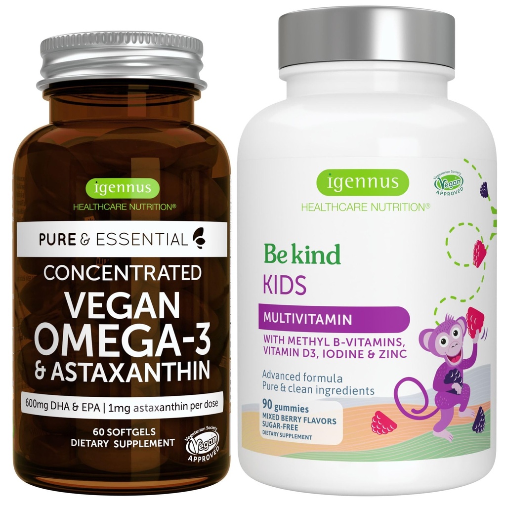 Vegan Omega-3 Algae Oil + Advanced Kids Multivitamin Gummy Bundle, alta concentración DHA &amp; EPA + vitamina A, B, C, D3 &amp; E, Clean Ingredients 60 Softgels + 90 Berry Flavor Gummies, por Igennus