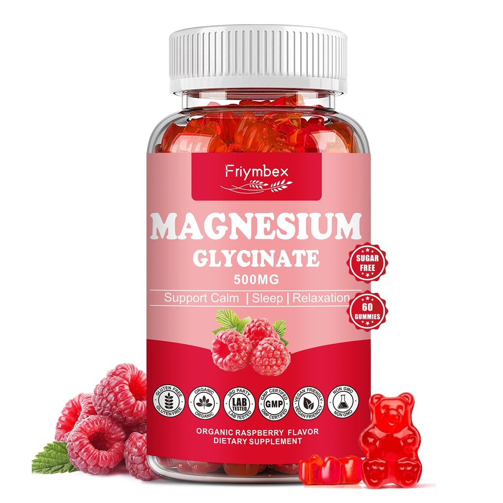 Magnesium Glycinate Gummies 500mg ← Relajación Calma Magnesium Gummies Silencio Azúcar Libre Silencio No-GMO Silencio Gluten-Free ← Vegan-Friendly for Adults &amp; Kids (60 Raspberry Gummies)