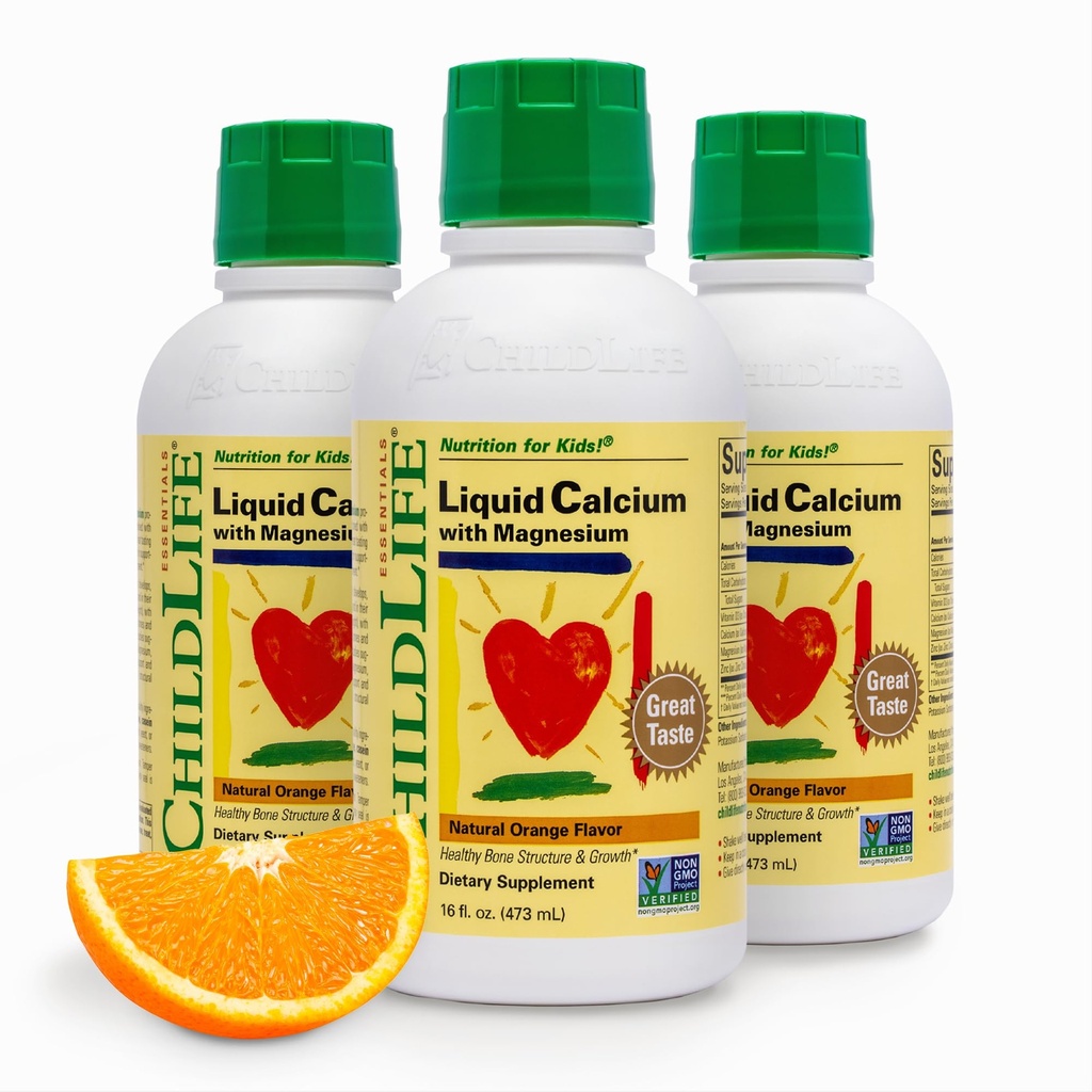 ChildLife Essentials Suplemento de calcio líquido para niños - Calcio bebé con magnesio, zinc y vitamina D3 - sabor a naranja, 16 fl oz (3 Pack)