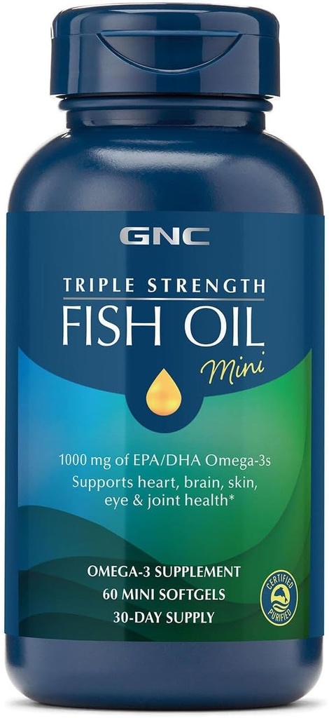 [BRSWGHD2B4PW2CYY] GNC Triple fuerza aceite de pescado Mini Omega 3 Suplemento, 1000 mg EPA y DHA, apoya el corazón, cerebro, piel, ojo y salud conjunta, 60 Mini Softgels