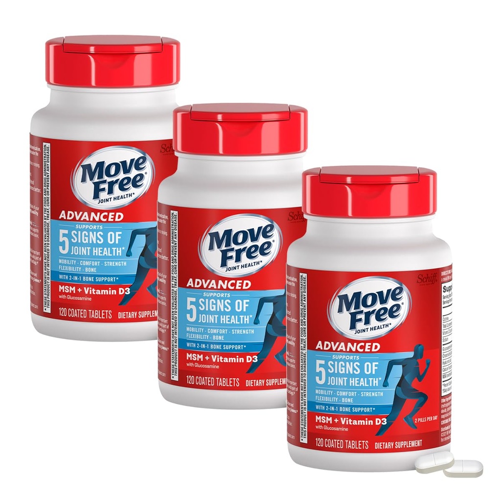 Move Free Advanced Glucosamine Chondroitin MSM + Vitamina D3 Joint Support Supplement, Supports Mobility Comfort Strength Flexibility & Bone + Immune Health - Tablet, 3x120ct Bottles (120 porciones)*