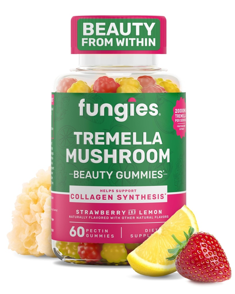 Fungies Tremella Mushroom Gummies, Strawberry mixed & Lemon Flavor - Mushroom Herbal Supplement Gummy for Adults Supports Collagen Synthesis, Healthy Skin & Healthy Aging - Beauty Gummies 60 Servings