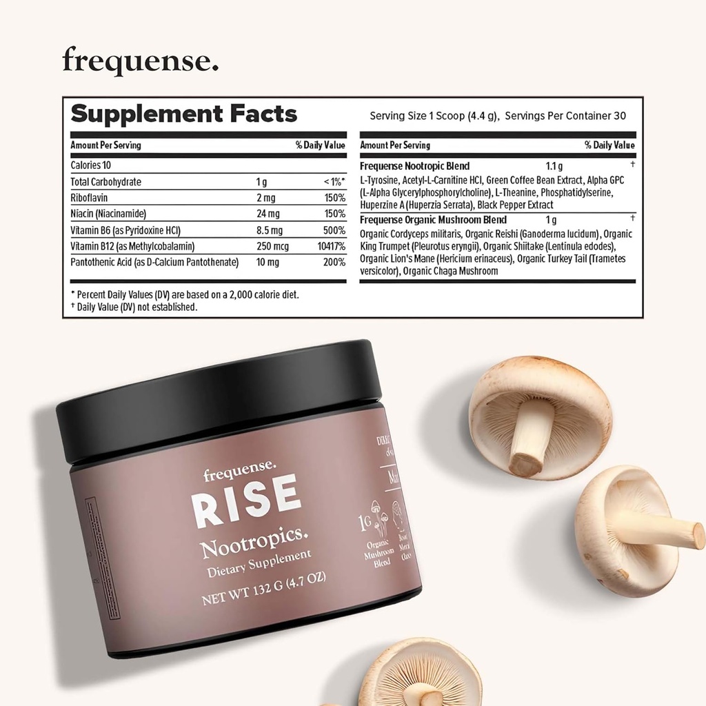 FREQUENSE - Rise Nootropic Tub - Mango Lemonade Flavor - apoya el rendimiento cerebral & Claridad - con hongos, vitaminas B & café verde - 132g