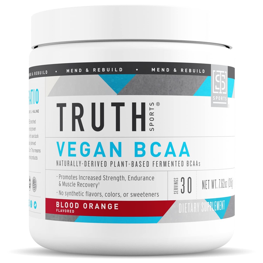 Verdad Nutrición Vegan BCAA Powder- 2:1:1 Ratio Natural BCAAs Aminoácidos Polvo para Energía, Construcción del Musculo, Post Workout Recuperación Bebida para la Recuperación del Musculo (Naranja Amarilla, 30 Servimientos)