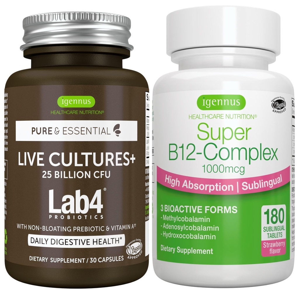 Live Cultures+ Lab4 Probiotics + Super B12-Complex, Vegan Bundle, 25 Billion CFU Lactobacillus Acidophilus and Bifidobacterium + High Absorption Sublingual B12, by Igennus