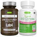 Culturas en vivo+ Lab4 Probióticos + Super B12-Complex, Vegan Bundle, 25 Billones CFU Lactobacillus Acidophilus y Bifidobacterium + Alta Absorción Sublingual B12, por Igennus