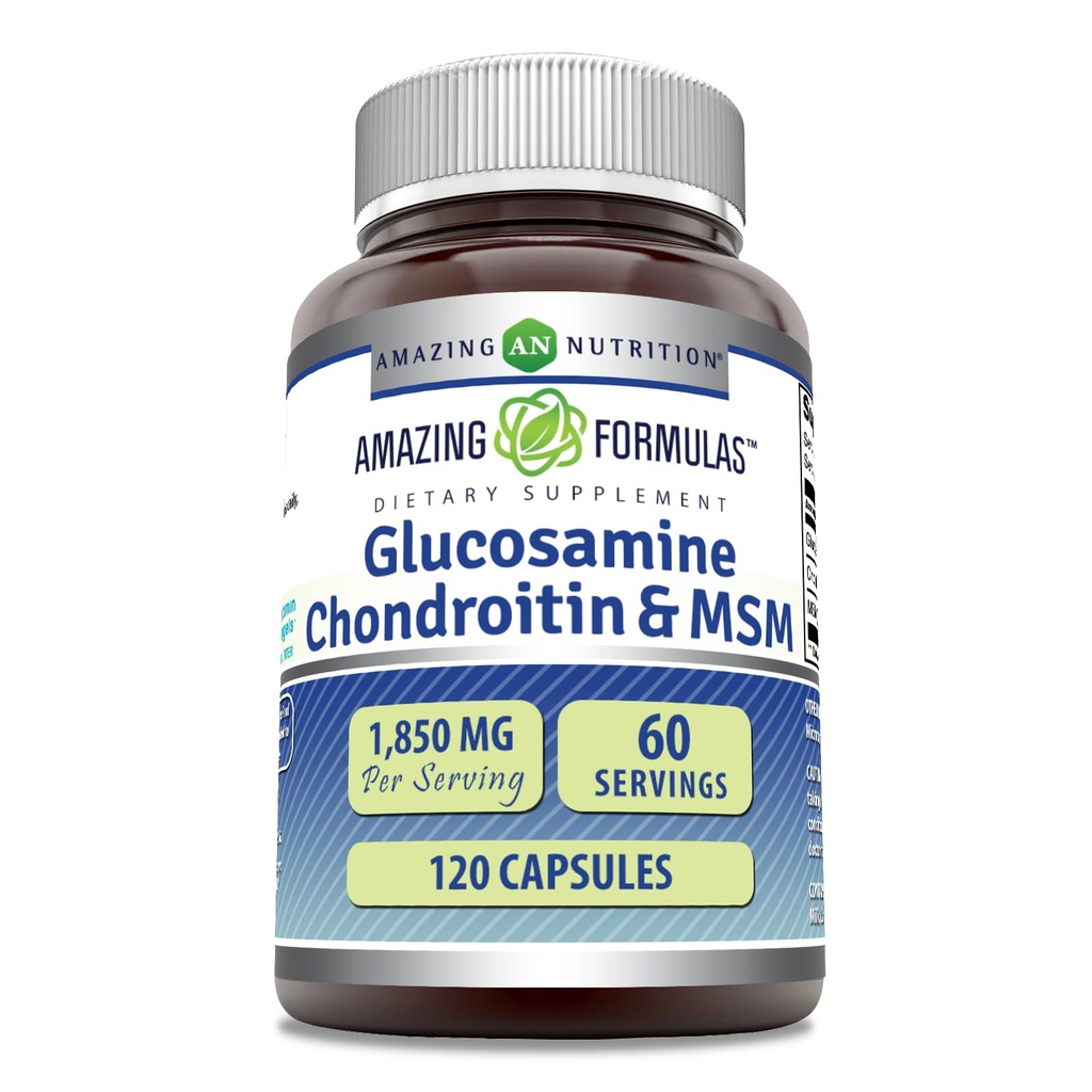 Amazing Fórmulas Glucosamine Chondroitin MSM 1850 mg Por Serving Capsules Suplemento  Non-GMO TEN Gluten Free TEN Made in USA (120 Count)