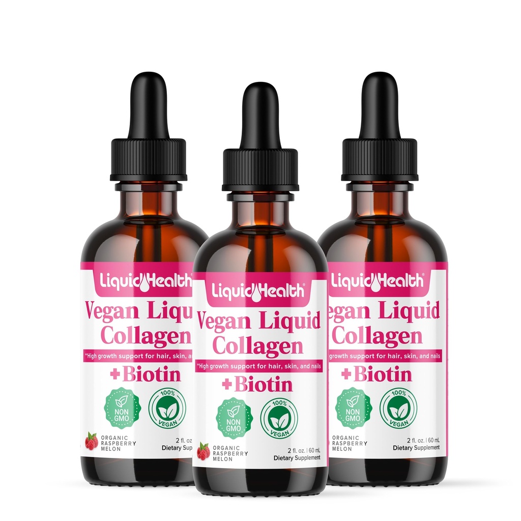 LIQUIDHEALTH 100% Vegan Collagen Plus Biotin 100.000mcg Liquid Drops - Collagen Líquido de base vegetal para hombres y mujeres - Hair & Nail Growth, Skin Health, Boosts Metabolism - Made in USA, Non-GMO (3 Pack)