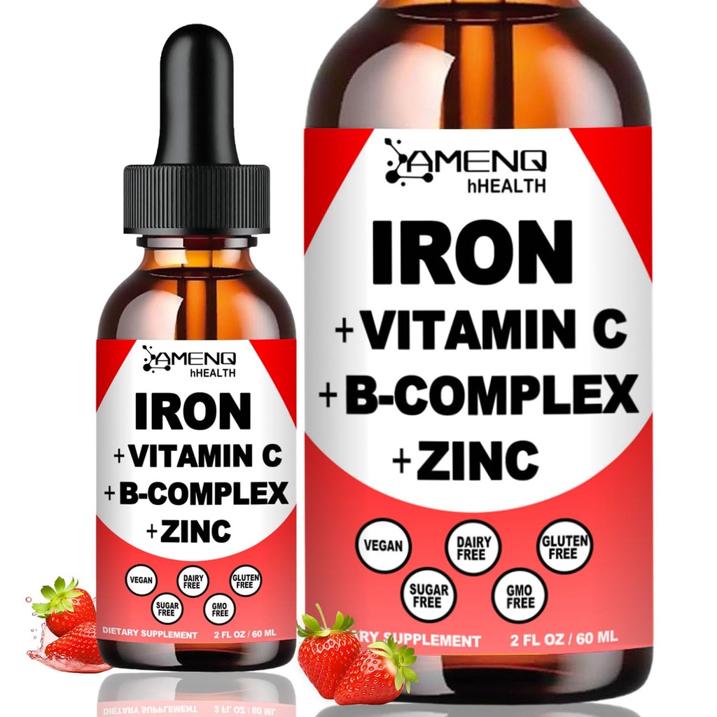 Suplemento líquido de hierro w / Vitamin C, A, B-Complex, Vegan Iron gota de alta potencia Vitamina líquida " Suplementos de hierro para mujeres, hombres " niños -Apoyo Celda de sangre roja, energía, anemia " fatiga
