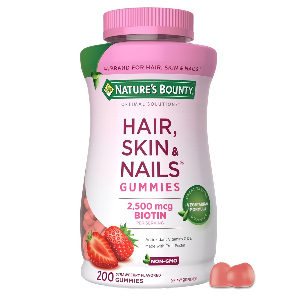 Bounty Optimal Solutions Hair, Skin and Nails Pectin Gummies, 2500 mcg Biotin Por Serving, No Stick Gummy, Fórmula Vegetariana, Strawberry Flavor, 200 cuentan, 100 Total Servings