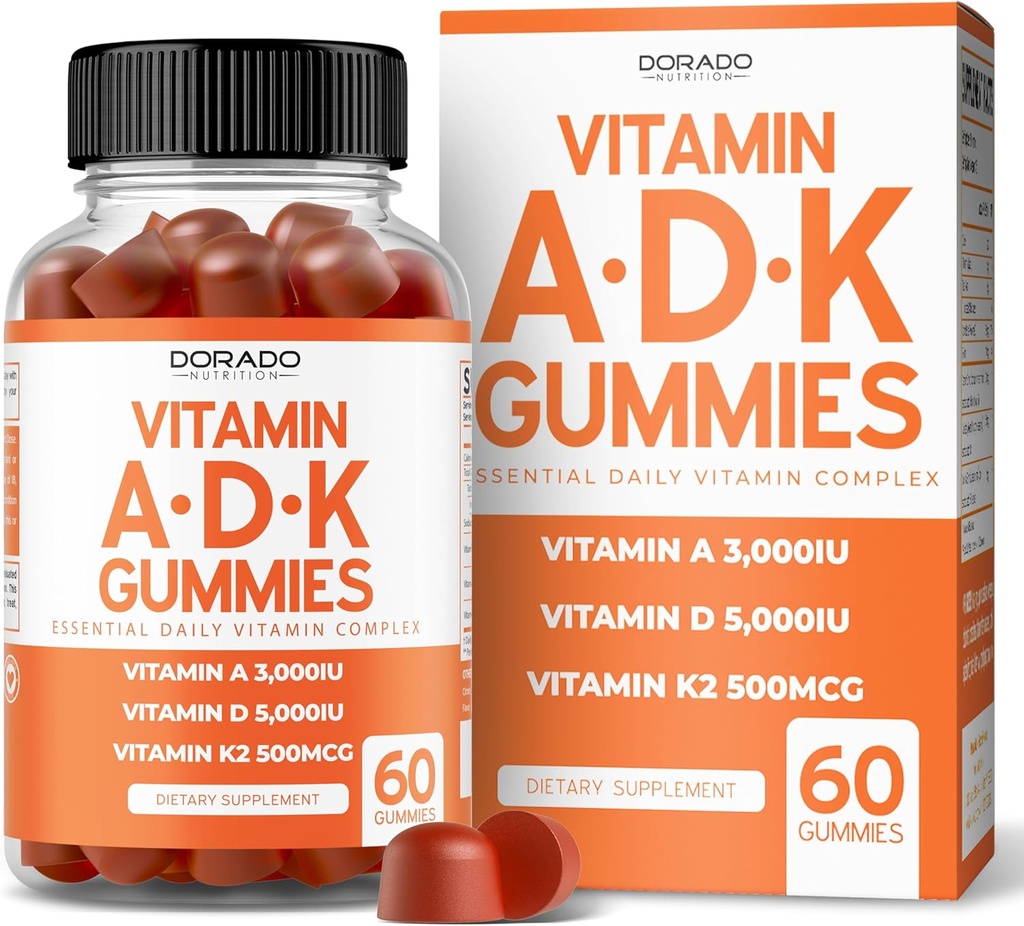 ADK Gummies Vitamina D3 K2 (60 Sugar Free Gummies) Vitamina D3 K2 10000iu/ 5000iu - Suplemento con D & K - 10 Vegan Suplemento - Delicious Raspberry Flavor - Non GMO & USA Made - 60 Con