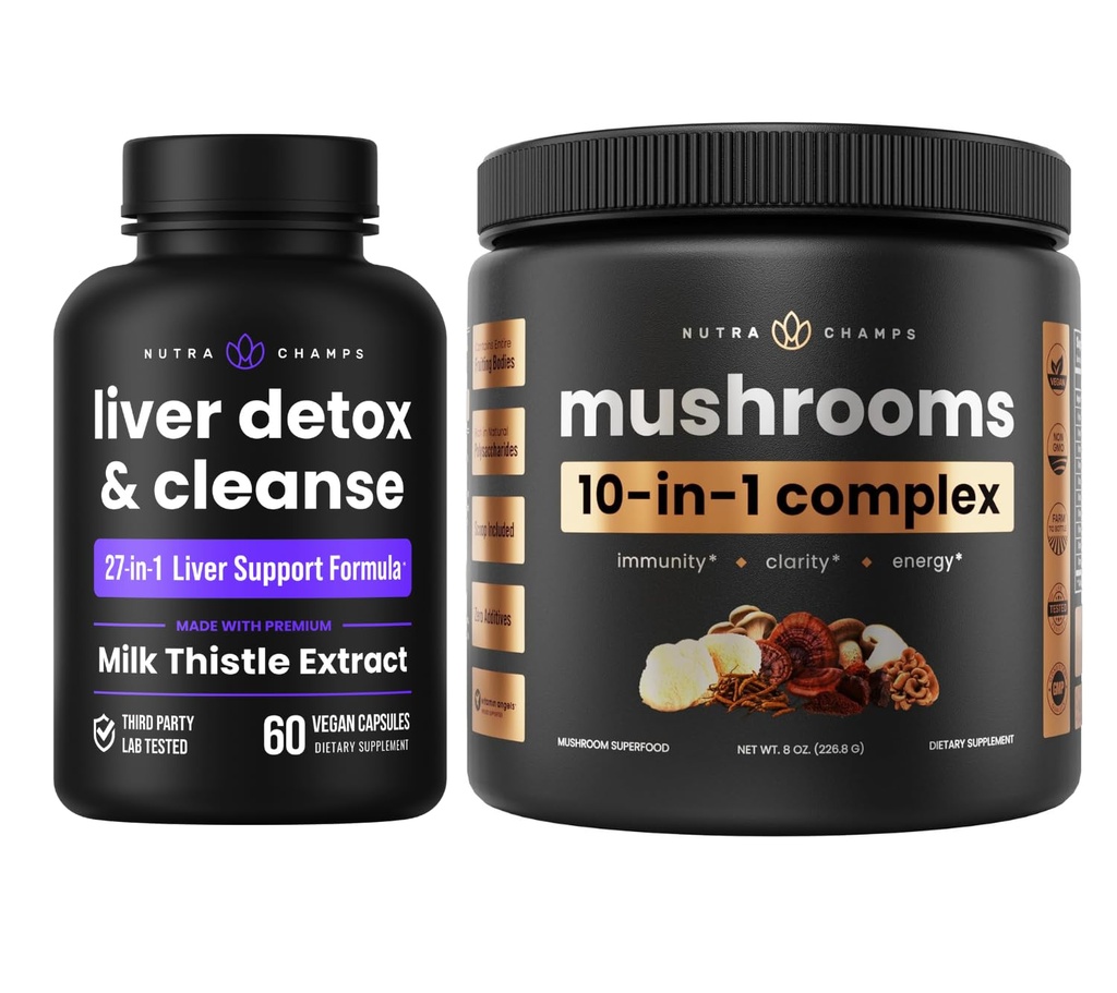 NutraChamps Liver Detox &amp; Mushroom Powder - Cognition, Detox &amp; Immunity Bundle
