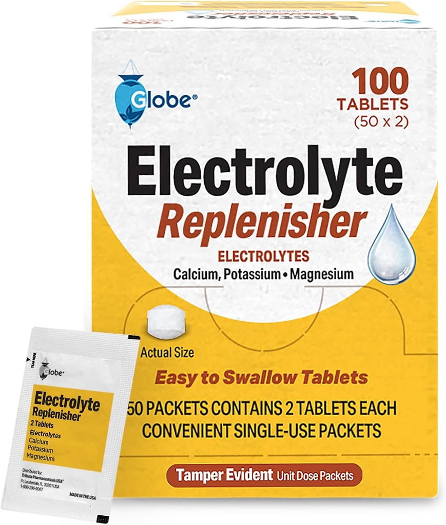 Globe Electrolyte Replacement Tablets for Rehydration, Exercise Recovery, Youth & Adult Athletes, Hiking, Camping, & Sports Recovery y Más... 50 Packets of 2 Tablets Cada, 100 Cuentas