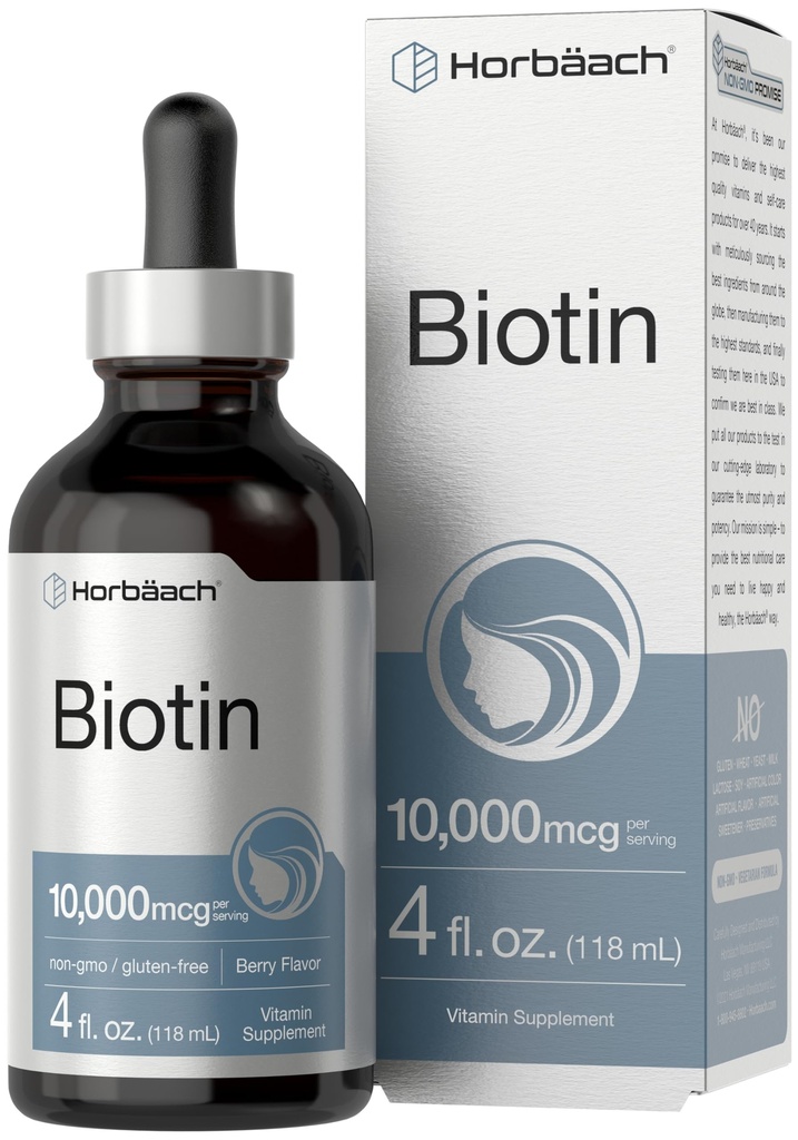 Horbäach Biotin Liquid Drops 10000mcg TEN 4 fl oz TEN Berry Flavor ANTE Vegetarian, Non-GMO & Gluten Free Supplement