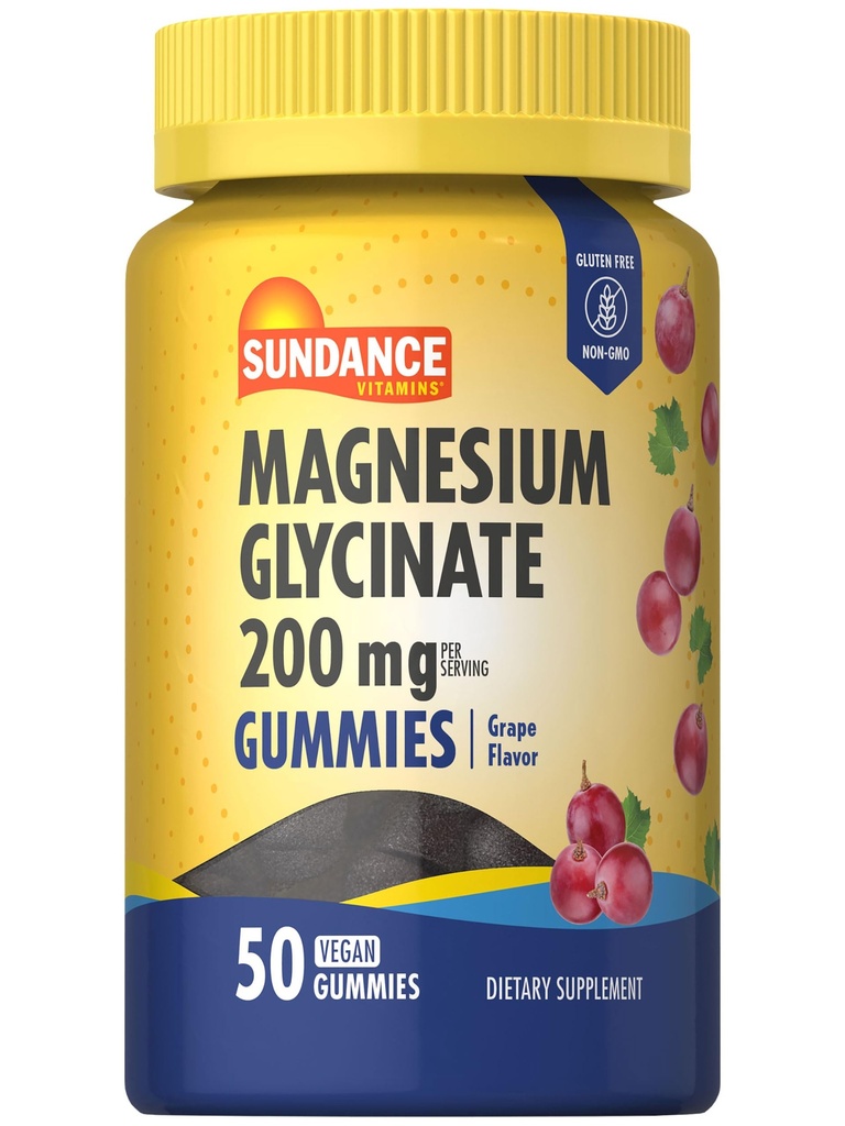 Sundance Magnesium Glycinate Gummies TENIDO 200mg ANTE 50 Conde ← Grape Flavor TEN Vegan, Non-GMO, y Gluten Free Supplement