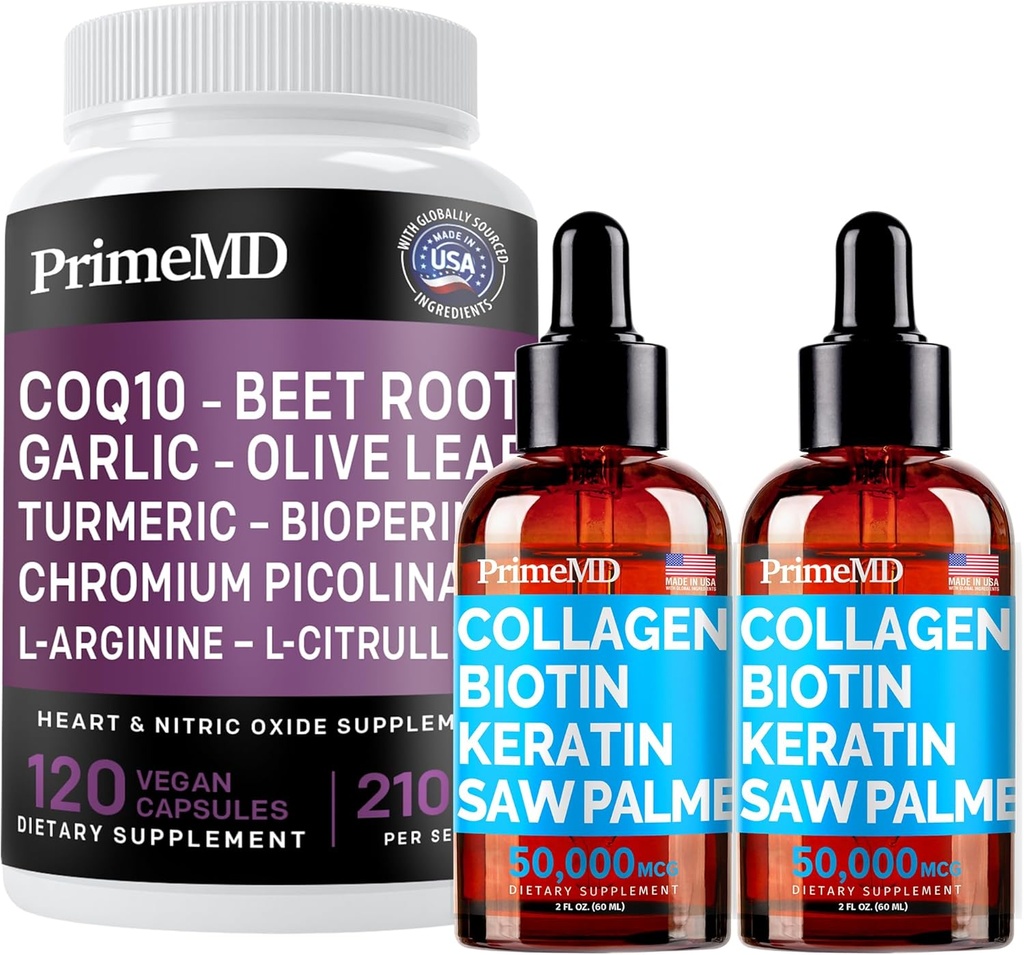Collagen líquido Biotina (2pk) y óxido nítrico (1pk) Suplemento Bundle - Vitaminas Potente para el cabello, la piel, las uñas, el corazón, el circulatorio y el soporte de labio - No GMO, Vegan, Sin gluten