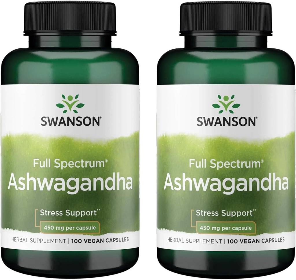 Swanson Ashwagandha Suplemento de polvo - con Ashwagandha Root to Promote Stress Relief & Energy - Suplemento ayurvédico para el bienestar natural (100 cápsulas, 450 mg cada uno) 2 Pack