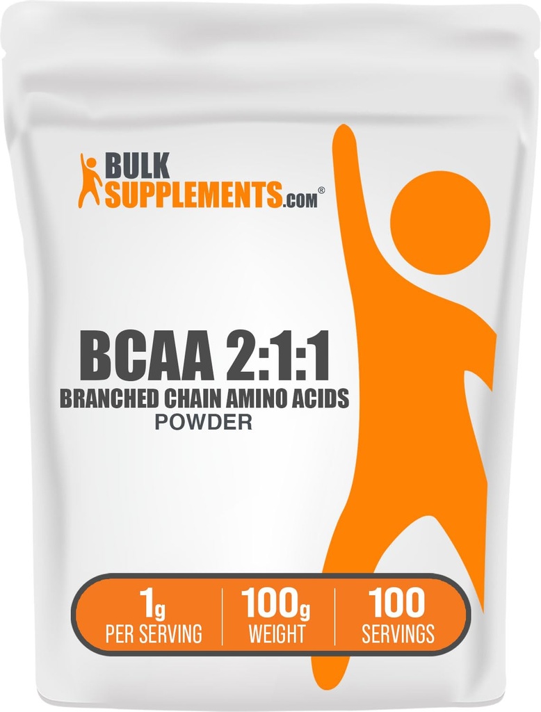 BulkSupplements.com BCAA 2:1:1 Powder - Aminoácidos de cadena ramificada, BCAAs Aminoácidos Polvo - Sin sabor, 1g por Serving, 100g (3,5 oz) (Pack of 1)