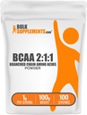 BulkSupplements.com BCAA 2:1:1 Powder - Aminoácidos de cadena ramificada, BCAAs Aminoácidos Polvo - Sin sabor, 1g por Serving, 100g (3,5 oz) (Pack of 1)