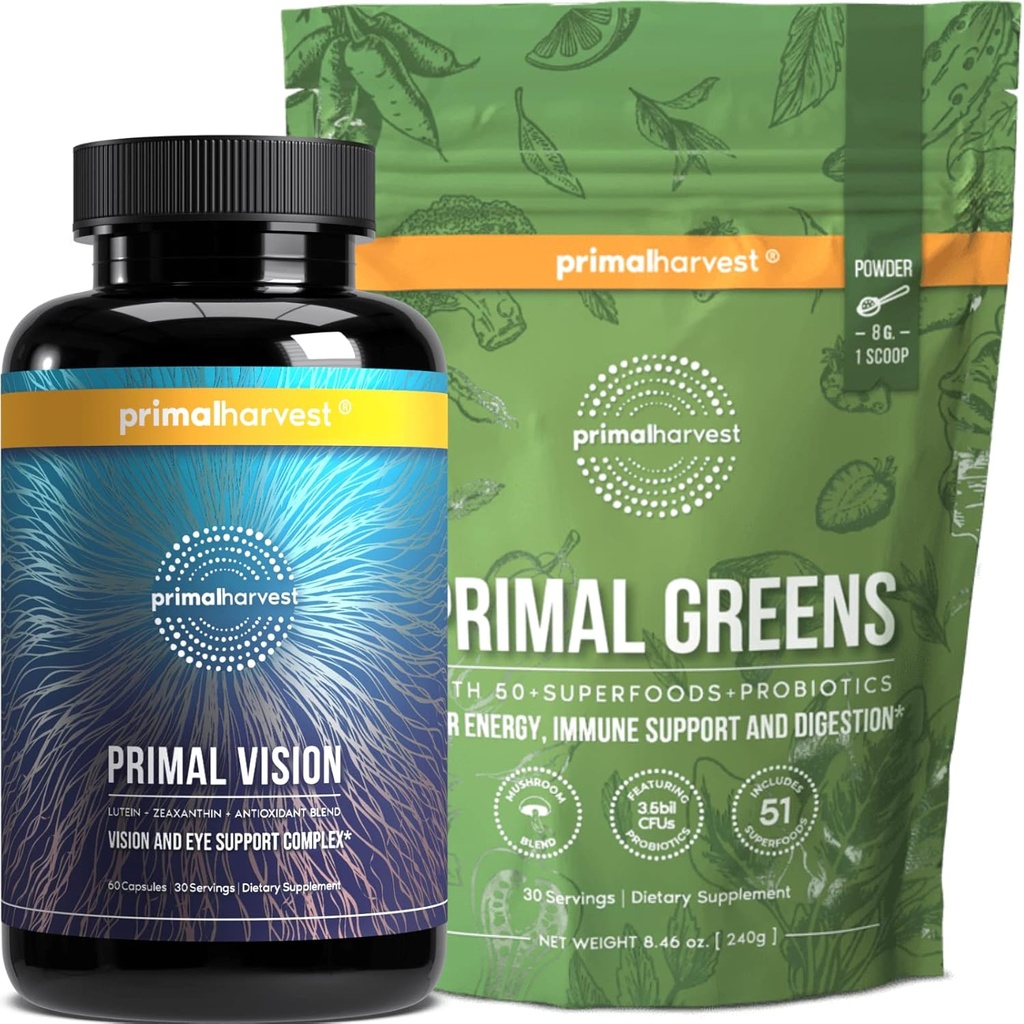 [BRSROYL4OVYBOD3P] Primal Harvest Greens Powder & Vision Suplementos para Mujer y Hombre Visión y Ojo Complejo de Apoyo con Lutein, Zeaxanthin Bundle