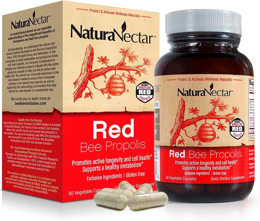NaturaNectar - Red Bee Propolis Capsules - NSF Contents Certified Premium Brasil Propolis - Suplementos sin gluten con Flavonoides Más Diversos " PWE - Fuentes a través de la apicultura ética (60pcs.)