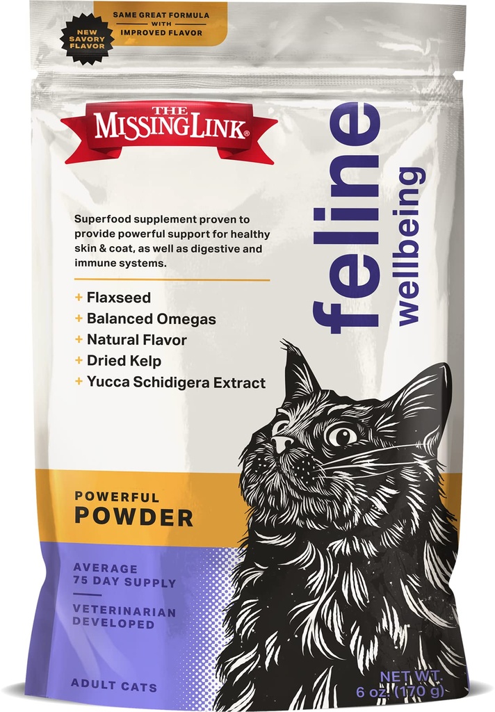 The Missing Link Feline Superfood Supplement Powder 6oz Bag, Veterinarian Formulated, Balanced Omega 3 &amp; 6 for Healthy Skin &amp; Coat, Digestion, Immunity &amp; General Cat Health