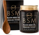 MAJU 3-en-1 Black Seed Oil, Manuka Honey & Semillas (estilo tradicional) BSM no. 1, Sweet & Crunchy Herbal Blend, Nigella Sativa Oil and Seeds, Unpasteurized & Raw Monofloral Manuka Honey Nueva Zelanda