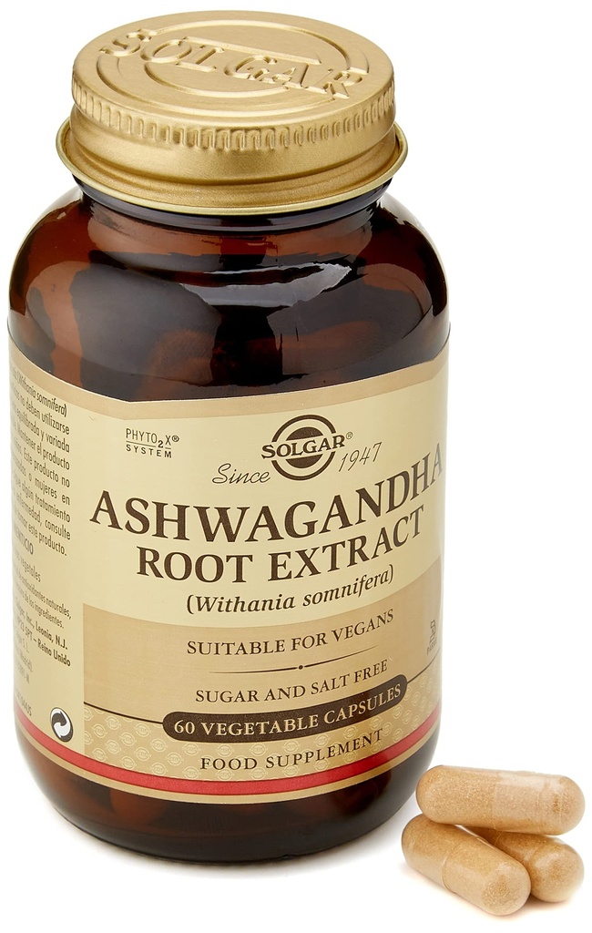 Solgar Ashwagandha Root Extract - 60 cápsulas vegetales - potencia completa estandarizada (SFP) - No GMO, Vegan, Gluten &amp; Dairy Free, Kosher - 60 piezas