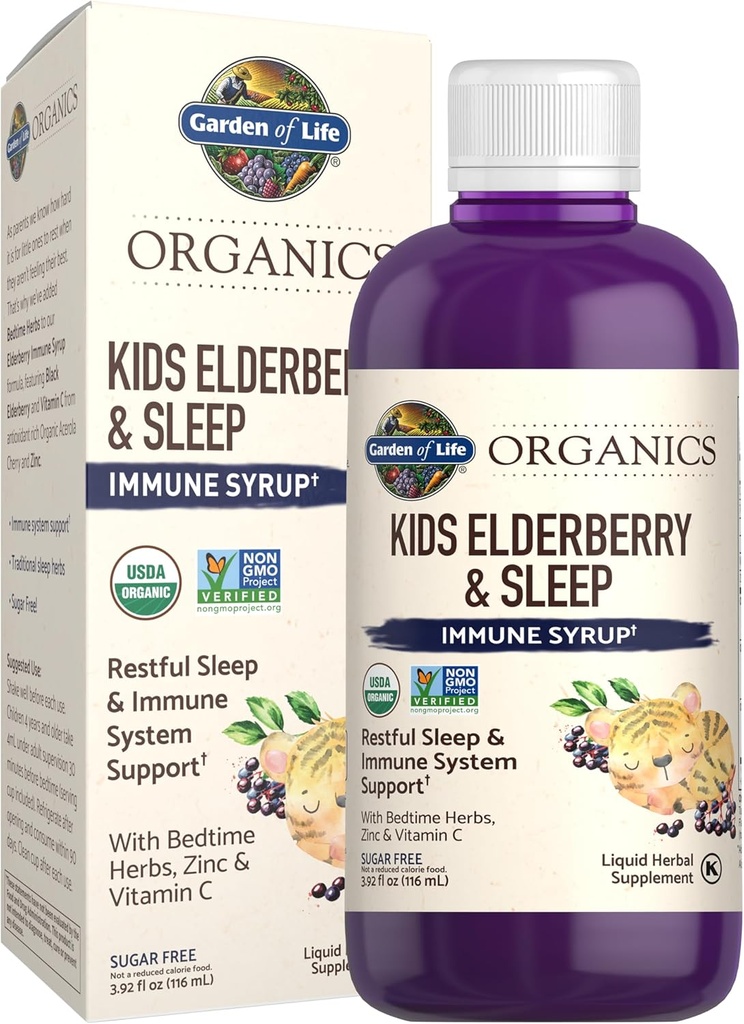 [BRSWYGTROUAQKCA4] Garden of Life Organics Elderberry Immune Support for Kids with Zinc, Vitamina C - Kids Elderberry & Sleep Immune Syrup Liquid, Bedtime Herbs for Children, No Alcohol, No Añadido Sugar, 3.92 fl oz