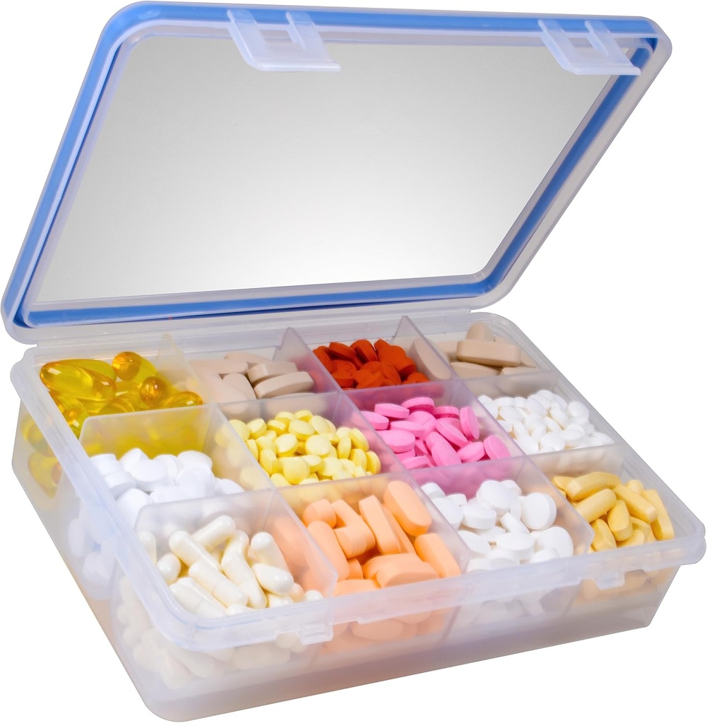 GMS 12 Organizador de píldoras de vitamina Compartimiento - Tamaño grande Adecuado para múltiples suplementos & tabletas - Diseño seguro con tapa de bloqueo fácil - Organizador de gabinete de medicina &amp; Ideal para viajar