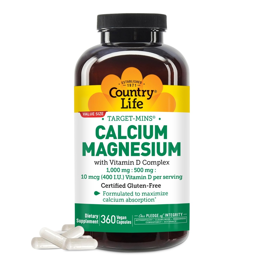 Country Life Target-Mins Calcium Magnesium with Vitamin D-Complex, 1000mg/500mg/10mcg, 360 Vegan Capsules, Certified Gluten Free, Certified Vegan, Verified Non-GMO Verified...