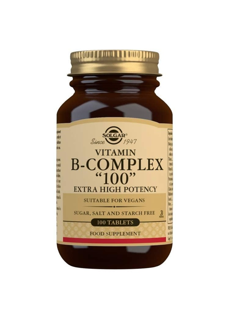 Solgar B-Complex 100" - 100 Tabletas - Metabolismo energético, Salud cardiovascular, Sistema nervioso - No GMO, Vegan, Gluten Gratis - 100 Servimientos
